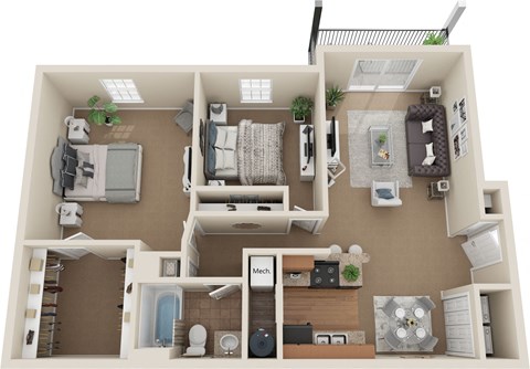 Floor plan for 2 beds, 1 bath, 933 sqft